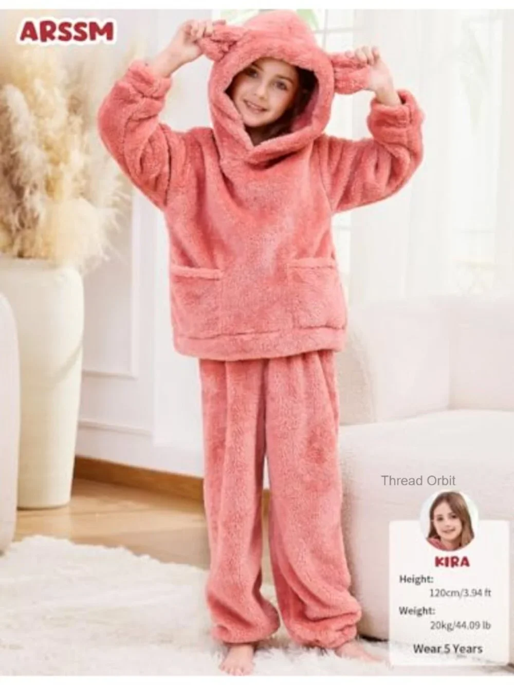 Girls Bear Ear Fuzzy Hoodie Sweatshirt & Sweatpants Set